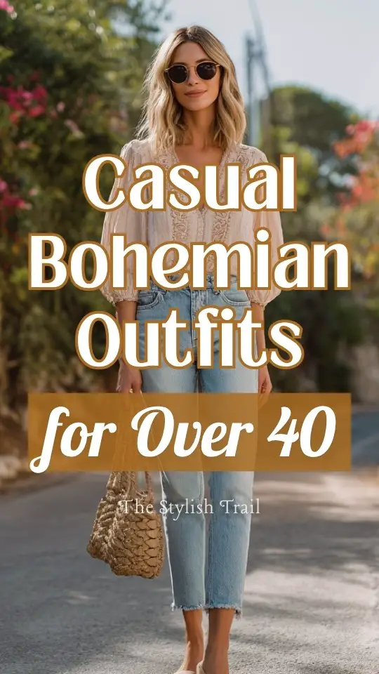 A woman over 40 wears a casual boho outfit with a blouse with subtle embroidery paired with straight-leg jeans and flat sandals
