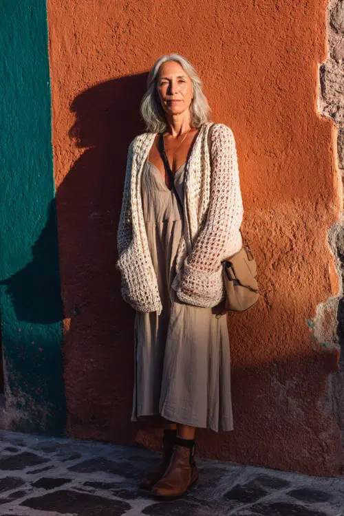 A woman over 40 wears a crochet cardigan layered over a simple slip dress, paired with ankle boots and a crossbody bag, standing in a charming street with textured walls