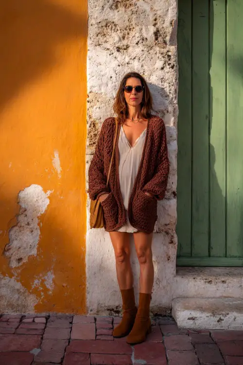A woman over 40 wears a crochet cardigan layered over a simple slip dress, paired with ankle boots and a crossbody bag, standing in a charming street with textured walls