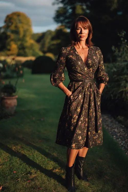 A woman over 40 wears a dark floral wrap dress with a flowing silhouette, paired with heeled ankle boots and a wide belt, posing in a moody garden setting at sunset