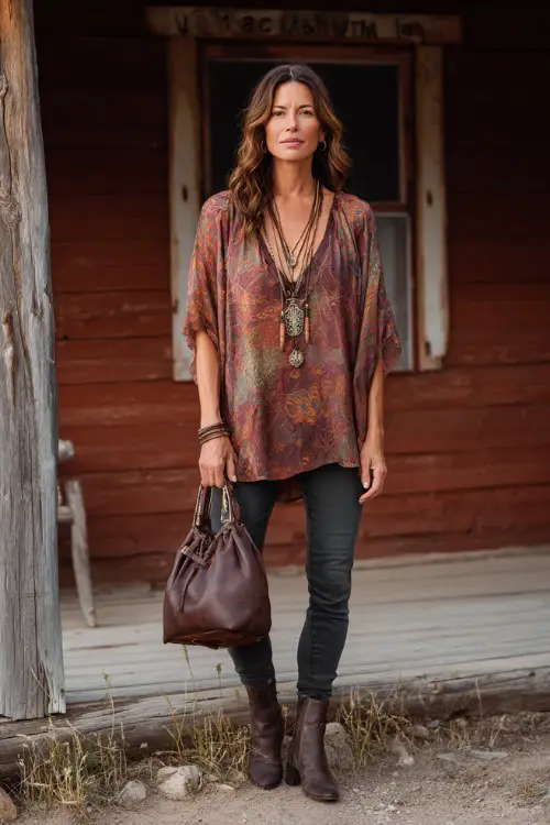 A woman over 40 wears a flowy boho tunic top with skinny jeans and ankle boots, styled with a leather handbag and layered necklaces