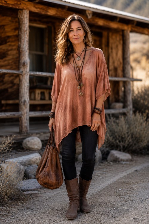 A woman over 40 wears a flowy boho tunic top with skinny jeans and ankle boots, styled with a leather handbag and layered necklaces, posing in a rustic outdoor setting