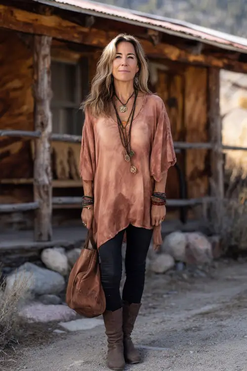 A woman over 40 wears a flowy boho tunic top with skinny jeans and ankle boots, styled with a leather handbag and layered necklaces, posing in a rustic outdoor setting