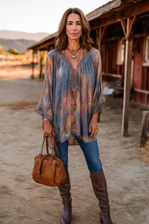 A woman over 40 wears a flowy boho tunic top with skinny jeans and ankle boots, styled with a leather handbag and layered necklaces