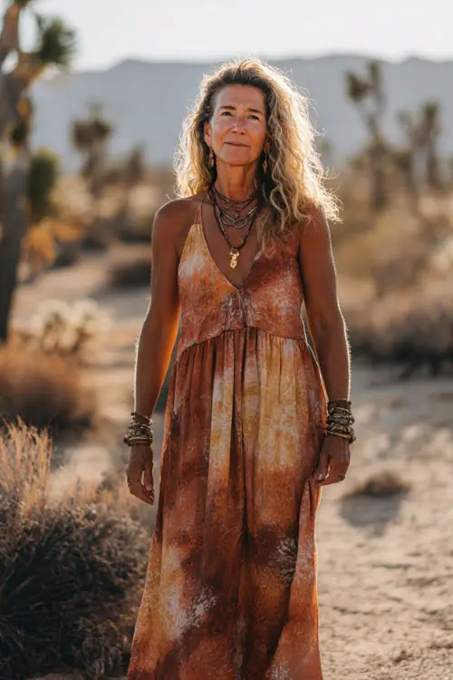 A woman over 40 wears a flowy printed maxi dress with warm boho tones, paired with strappy leather sandals and layered gold jewelry