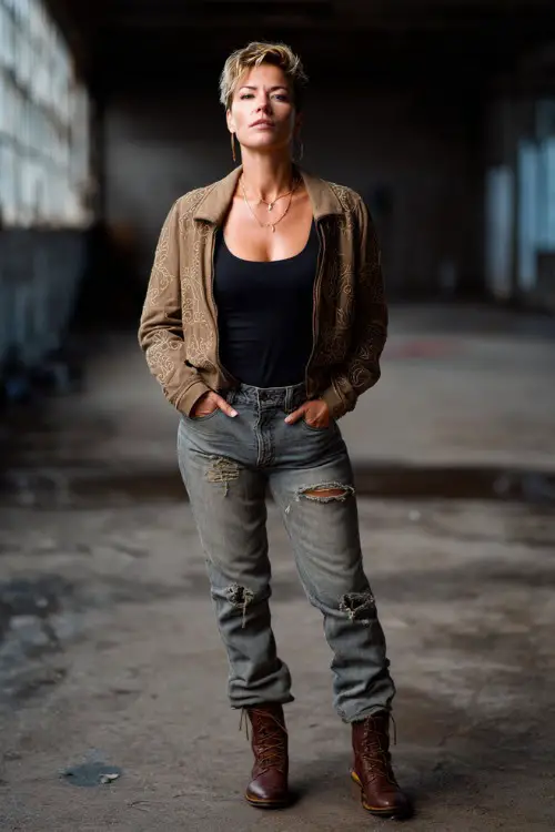 A woman over 40 wears a lightweight embroidered jacket over a black tank top and distressed jeans, styled with leather boots and bold accessories