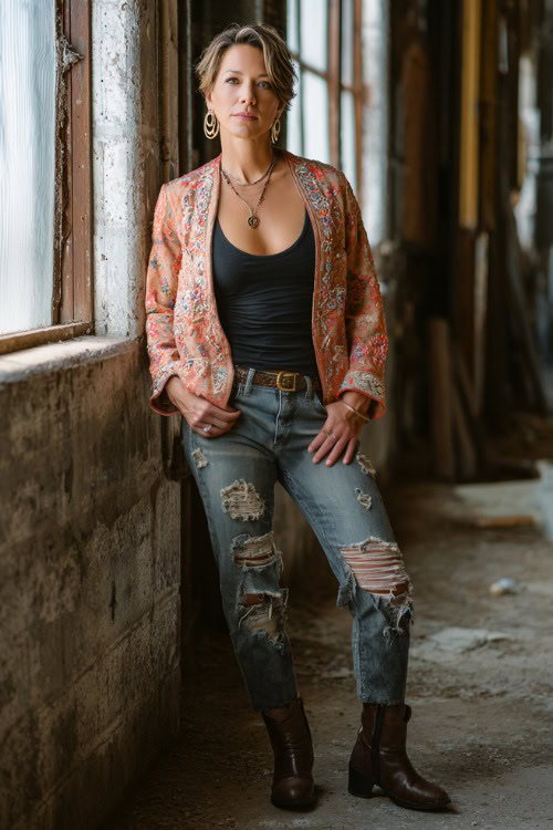 A woman over 40 wears a lightweight embroidered jacket over a black tank top and distressed jeans, styled with leather boots and bold accessories