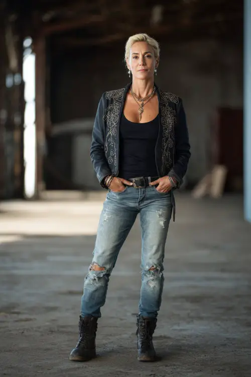 A woman over 40 wears a lightweight embroidered jacket over a black tank top and distressed jeans, styled with leather boots and bold accessories