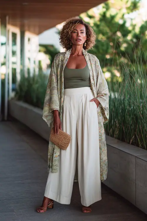A woman over 40 wears a lightweight kimono over a fitted tank top and high-waisted wide-leg pants, styled with heeled sandals and a woven clutch