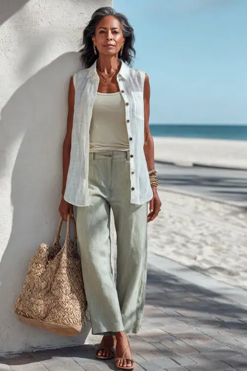 A woman over 40 wears a lightweight linen button-down shirt worn open over a tank top with relaxed-fit pants, paired with flat sandals and a woven bag