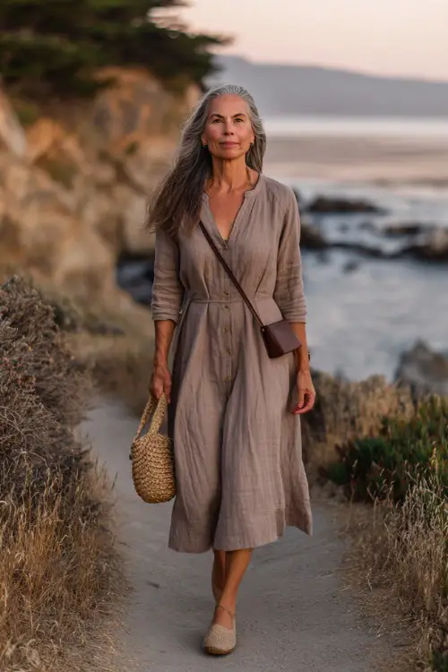 A woman over 40 wears a lightweight taupe boho midi dress with subtle texture, paired with espadrille flats and a straw crossbody bag