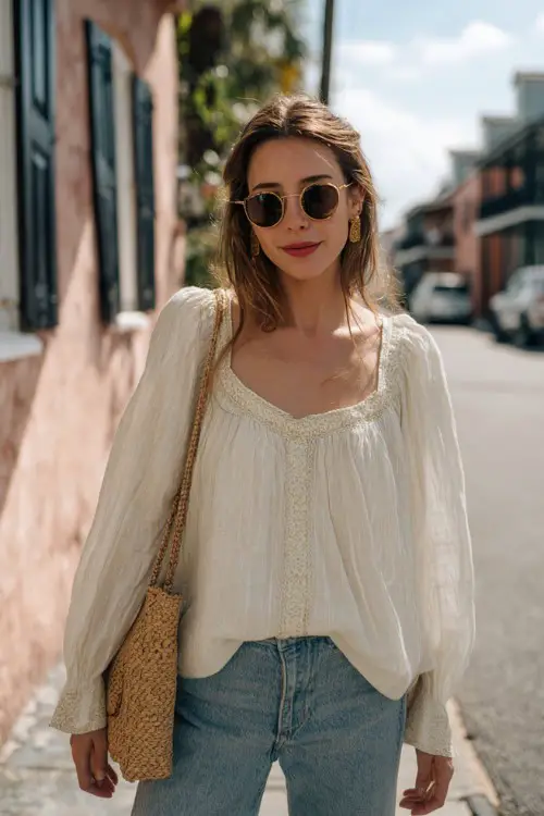 A woman over 40 wears a loose boho blouse with subtle embroidery paired with straight-leg jeans and flat sandals, styled with a woven crossbody bag
