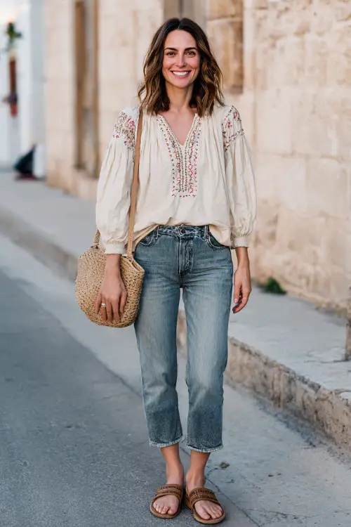 A woman over 40 wears a loose boho blouse with subtle embroidery paired with straight-leg jeans and flat sandals, styled with a woven crossbody bag