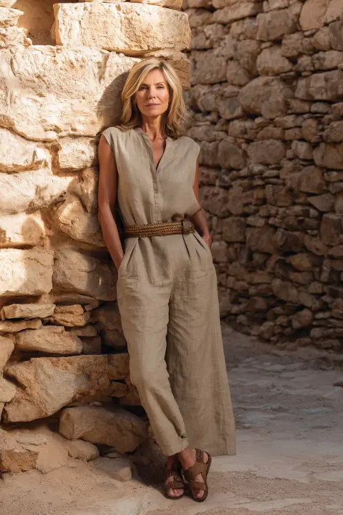 A woman over 40 wears a loose linen jumpsuit in a soft sand color, styled with flat sandals and a woven belt, posing in a rustic village setting with stone walls