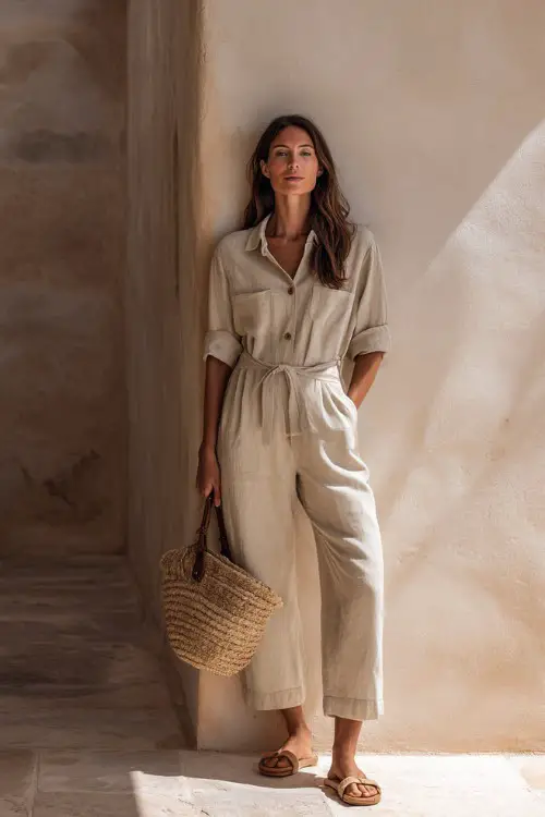 A woman over 40 wears a loose linen jumpsuit with rolled sleeves and a relaxed fit, styled with minimal sandals and a straw bag