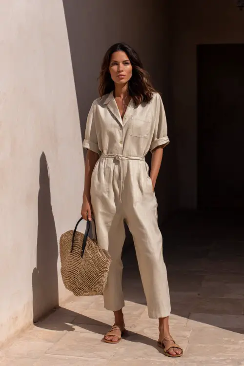 A woman over 40 wears a loose linen jumpsuit with rolled sleeves and a relaxed fit, styled with minimal sandals and a straw bag