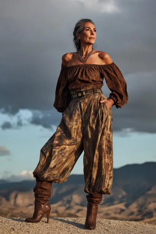 A woman over 40 wears a loose off-shoulder blouse in deep earthy tones with high-waisted wide-leg pants, paired with heeled boots antatement jewelry (2)
