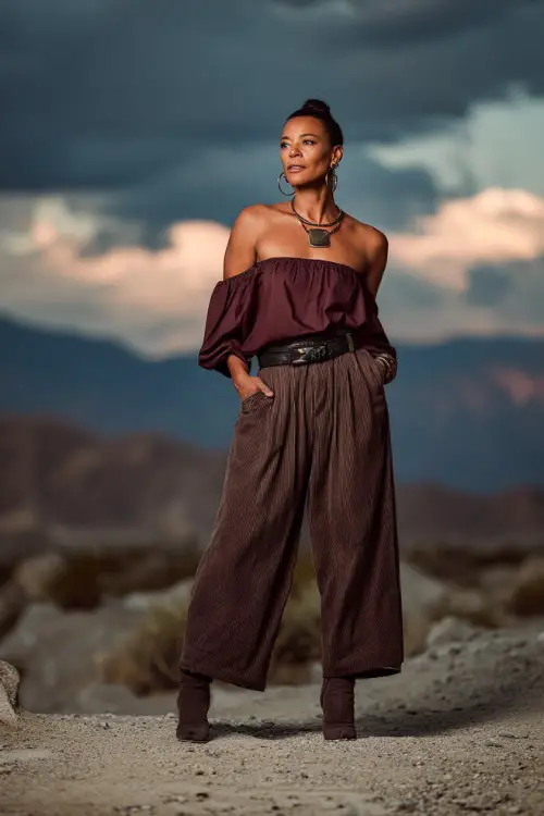A woman over 40 wears a loose off-shoulder blouse in deep earthy tones with high-waisted wide-leg pants, paired with heeled boots and statement jewelry