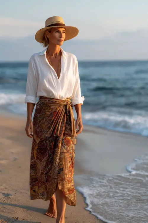 A woman over 40 wears a loose white blouse tucked into a patterned wrap skirt, paired with flat sandals and a straw hat, standing near a beach with soft waves in the background