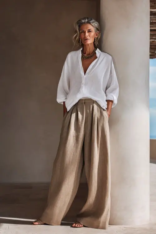 A woman over 40 wears a loose white cotton blouse tucked into wide-leg linen pants in a warm neutral tone, styled with minimal sandals and layered delicate jewelry 