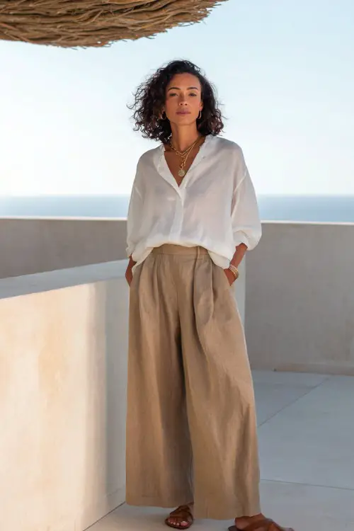 A woman over 40 wears a loose white cotton blouse tucked into wide-leg linen pants in a warm neutral tone, styled with minimal sandals and layered delicate jewelry
