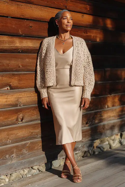 A woman over 40 wears a neutral crochet cardigan over a simple midi dress in warm beige tones, paired with strappy sandals and delicate jewelry 