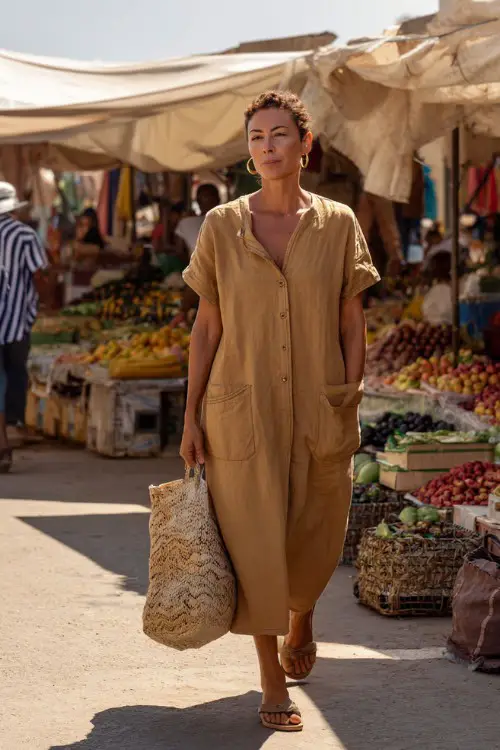 A woman over 40 wears a relaxed cotton midi dress in soft earthy tones with short sleeves, paired with comfortable sandals and a straw tote bag
