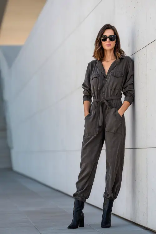 A woman over 40 wears a relaxed dark-toned jumpsuit with a cinched waist, styled with ankle boots and oversized sunglasses, standing in a minimalist urban space with clean lines