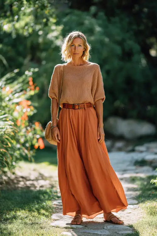 A woman over 40 wears a relaxed knit top with a flowy maxi skirt in warm tones, styled with simple sandals and a crossbody bag