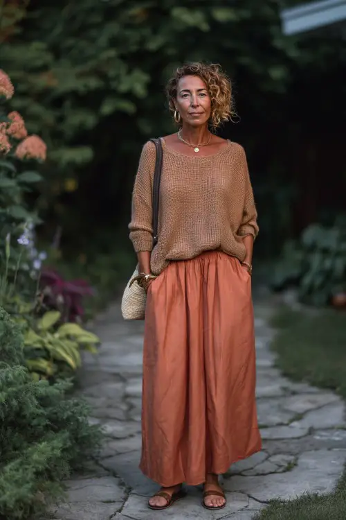 A woman over 40 wears a relaxed knit top with a flowy maxi skirt in warm tones, styled with simple sandals and a crossbody bag