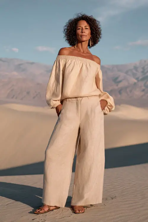A woman over 40 wears a relaxed off-shoulder linen top with wide-leg pants in soft neutral shades, styled with minimal accessories and flat sandals 