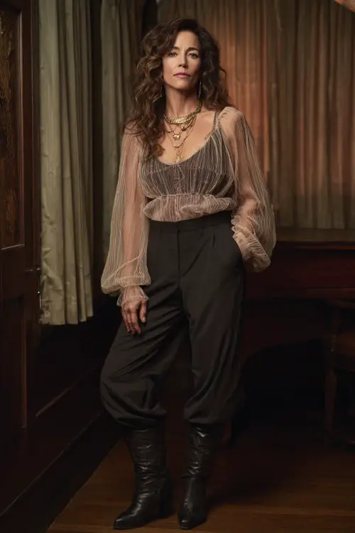 A woman over 40 wears a sheer layered boho blouse over a fitted camisole with straight-leg pants, styled with heeled boots and statement accessories