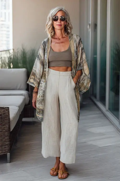 A woman over 40 wears a simple tank top layered with a lightweight boho kimono and high-waisted linen pants, styled with flat sandals and oversized sunglasses