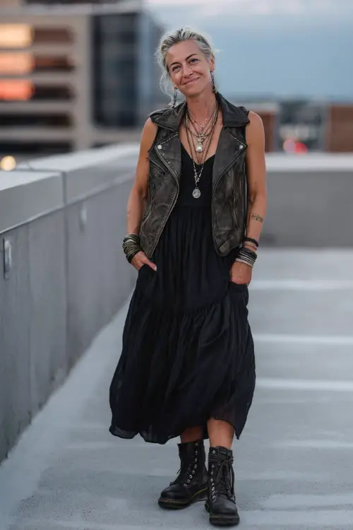 A woman over 40 wears a sleeveless black boho midi dress layered with a structured leather jacket, styled with combat boots and stacked bracelets