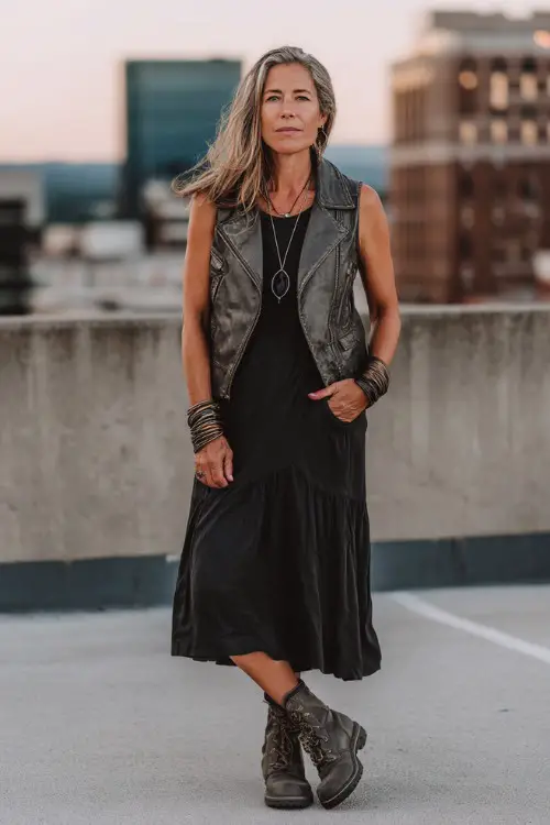 A woman over 40 wears a sleeveless black boho midi dress layered with a structured leather jacket, styled with combat boots and stacked bracelets
