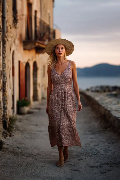 A woman over 40 wears a sleeveless boho midi dress with subtle patterns, paired with comfortable espadrilles and a straw hat, walking along a coastal village street