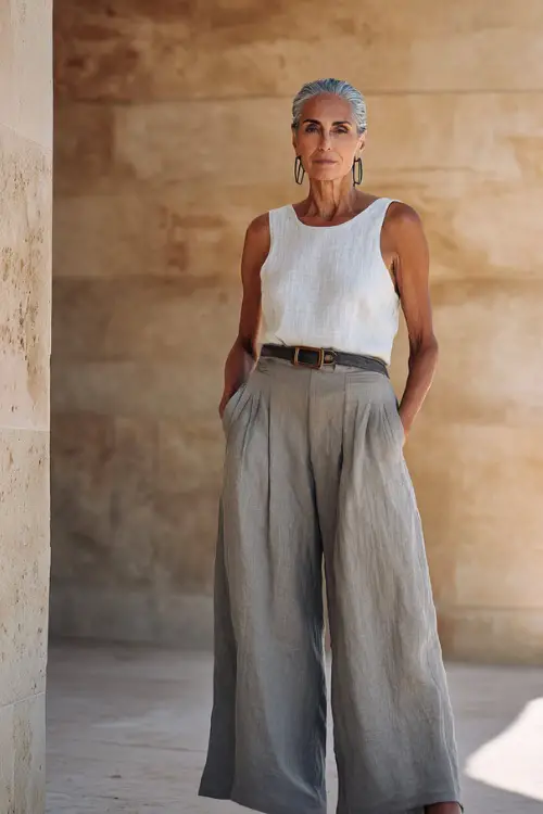 A woman over 40 wears a sleeveless linen top with wide-leg flowy pants and a statement belt, styled with strappy sandals and bold earrings