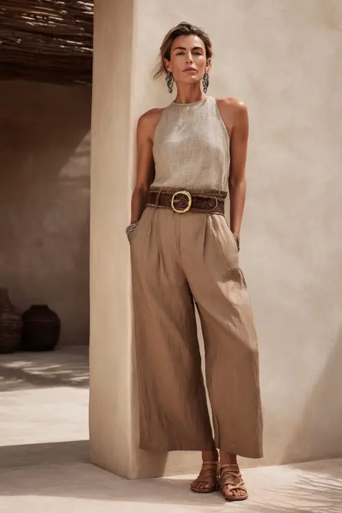 A woman over 40 wears a sleeveless linen top with wide-leg flowy pants and a statement belt, styled with strappy sandals and bold earrings