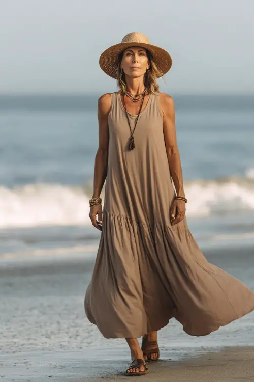 A woman over 40 wears a sleeveless neutral-toned maxi dress with a flowy silhouette, paired with simple leather sandals and a straw hat 