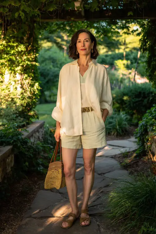 A woman over 40 wears a soft cream oversized blouse layered over a light tank top with linen shorts, styled with flat sandals and a woven handbag