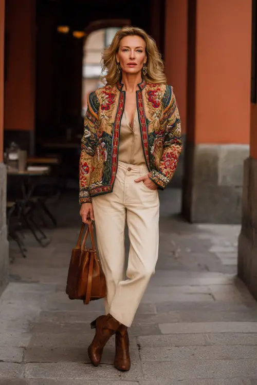 A woman over 40 wears a structured boho jacket with embroidery over a neutral outfit with straight-leg pants, styled with heeled boots and a leather bag