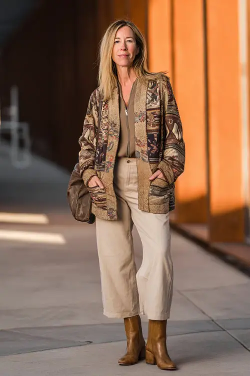 A woman over 40 wears a structured boho jacket with embroidery over a neutral outfit with straight-leg pants, styled with heeled boots and a leather bag