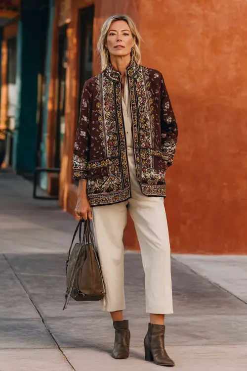 A woman over 40 wears a structured boho jacket with embroidery over a neutral outfit with straight-leg pants, styled with heeled boots and a leather bag