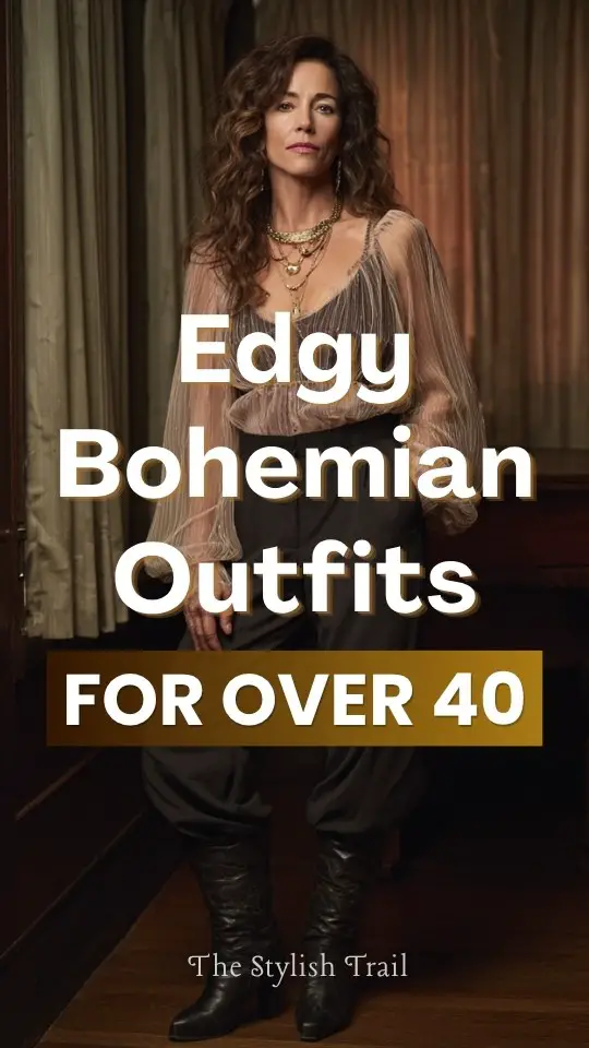 A woman over 40 wears an edgy bohemian outfit with a sheer layered boho blouse over a fitted camisole with straight-leg pants