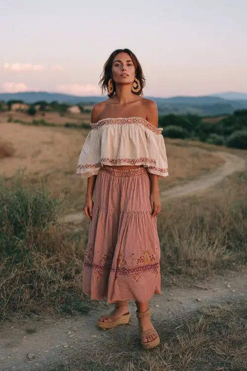 A woman over 40 wears an off-shoulder boho blouse with delicate embroidery and a tiered midi skirt, paired with espadrille wedges and statement earrings