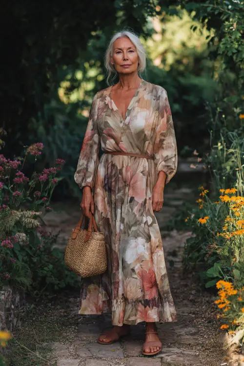 A woman over 50 wears a flowing floral maxi dress with soft earthy tones, paired with flat leather sandals and a woven straw handbag