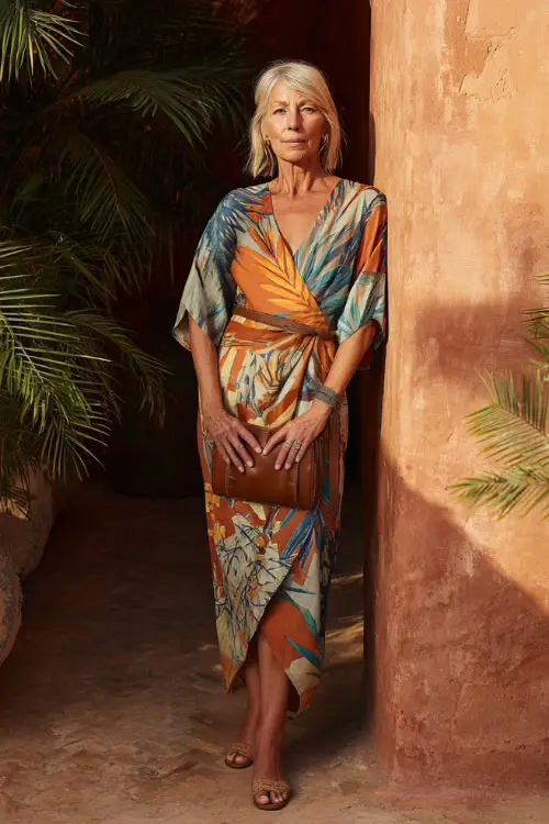 A woman over 50 wears a flowy wrap dress with boho-inspired prints and a flattering silhouette, paired with low heels and a leather clutch