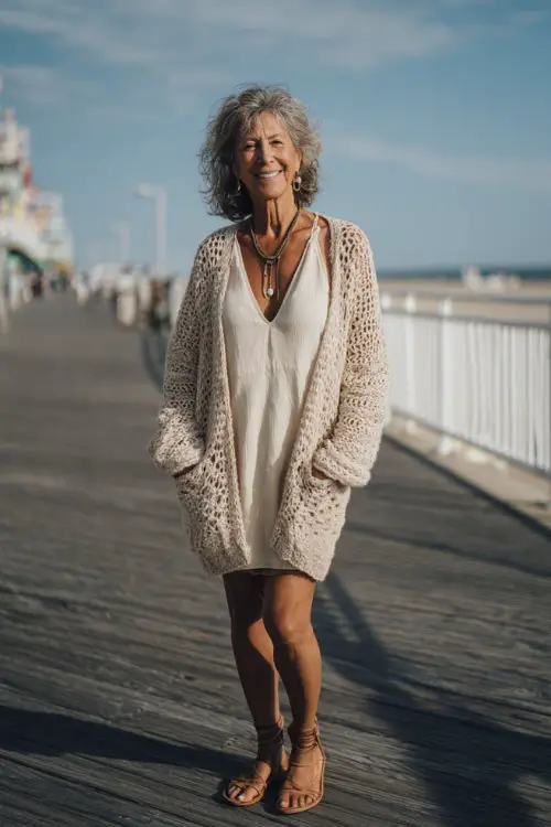 A woman over 50 wears a lightweight crochet cardigan layered over a simple summer dress, styled with strappy sandals and delicate jewelry, standing near a beach boardwalk