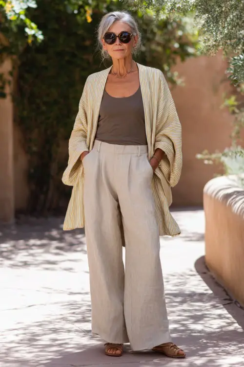 A woman over 50 wears a lightweight kimono over a simple tank top and wide-leg linen pants, styled with flat sandals and oversized sunglasses