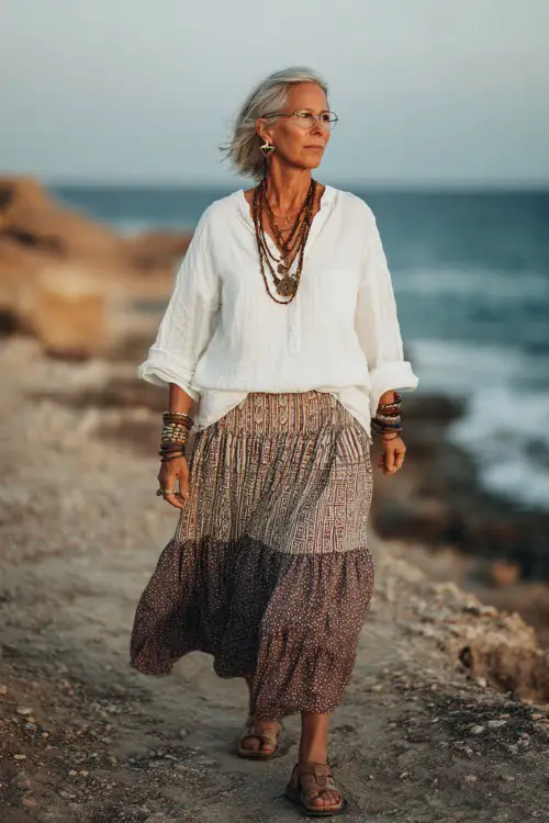 A woman over 50 wears a loose white linen blouse tucked into a tiered boho midi skirt with subtle patterns, styled with tan sandals and layered necklaces